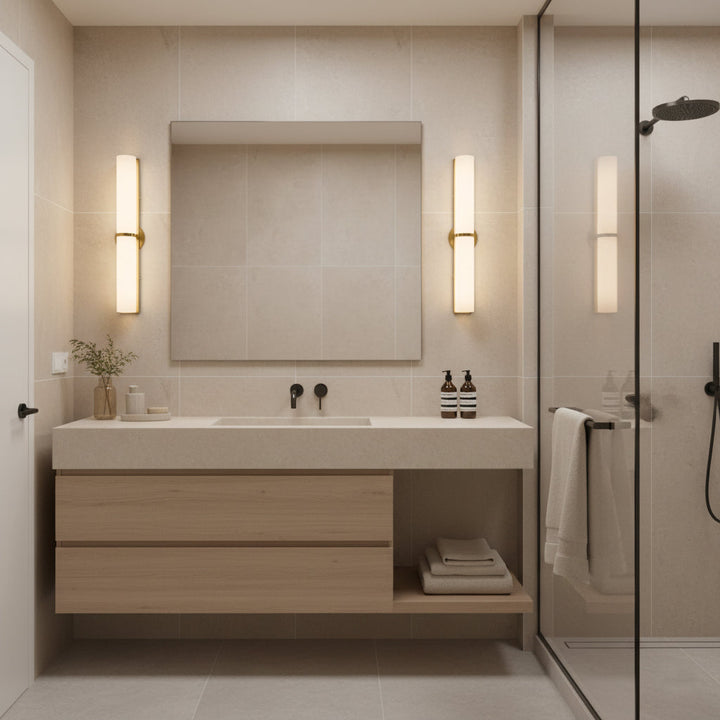 Sleek modern vertical LED wall sconce, dimmable, for stylish interiors.