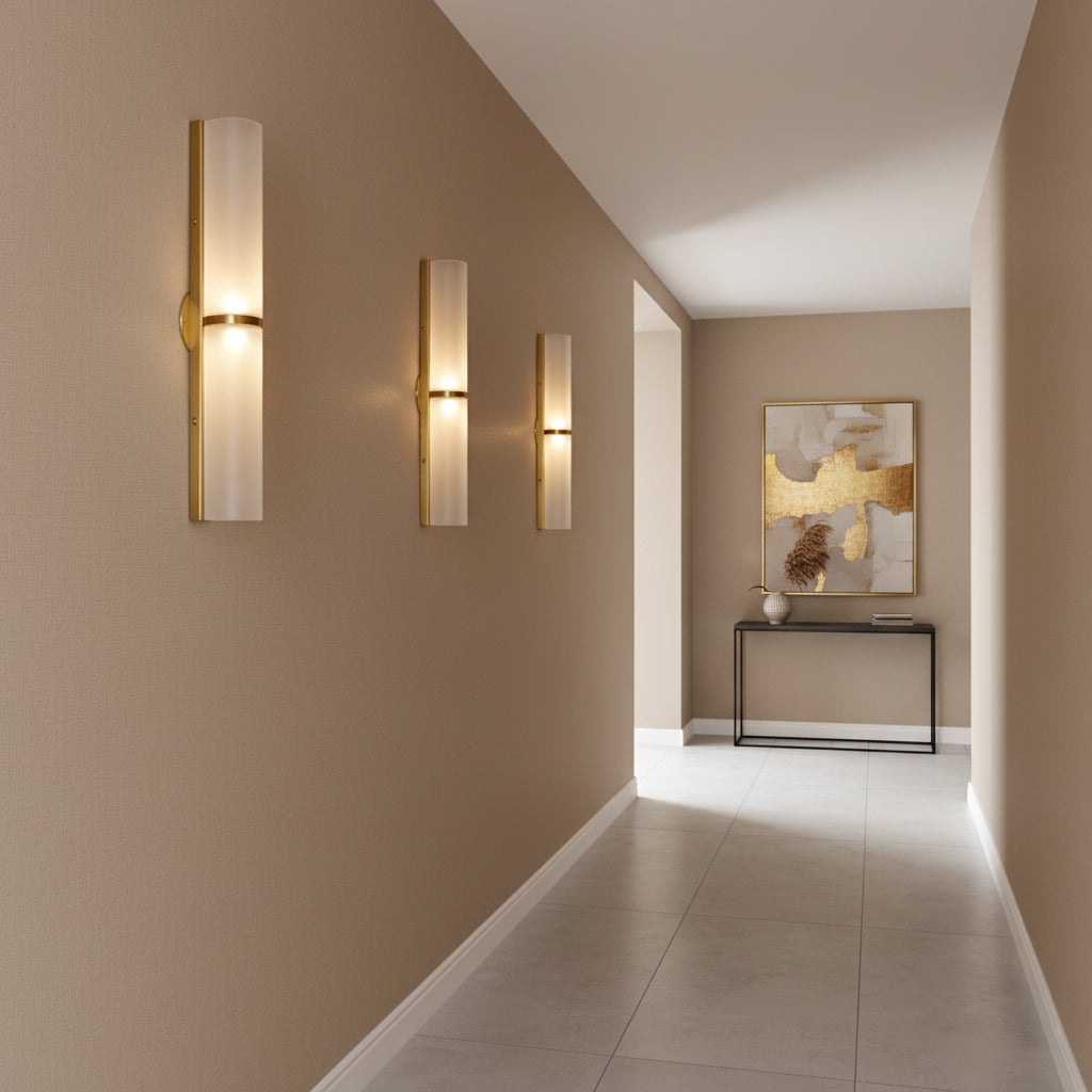 Vertical LED bathroom wall light, dimmable, sleek modern design.
