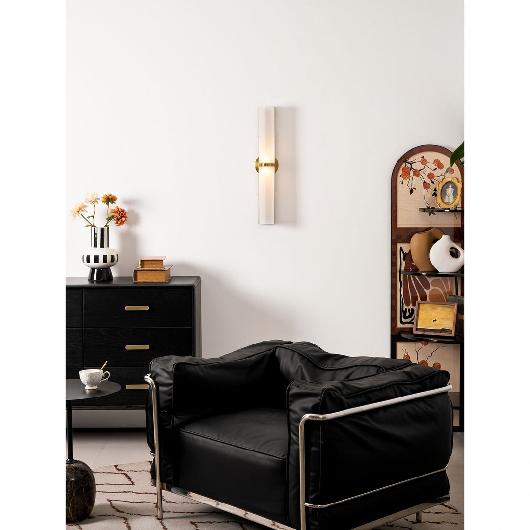 Stylish vertical LED dimmable wall lamp for modern bathroom decor.