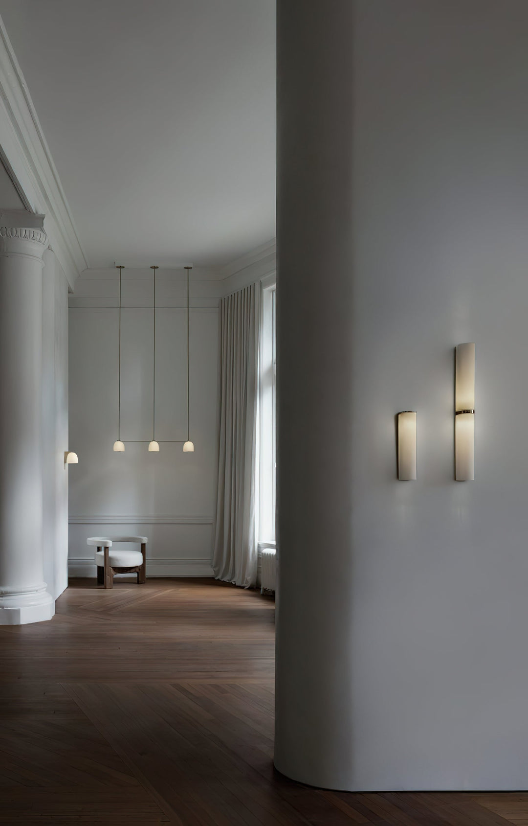 Vertical LED wall light, dimmable options, for modern interior design.