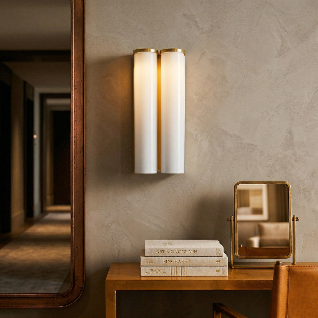 Contemporary vertical wall lamp with dimmable LED for hallways.