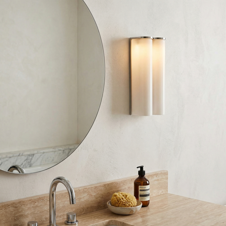 Stylish vertical LED wall sconce, dimmable, ideal for bathroom lighting.