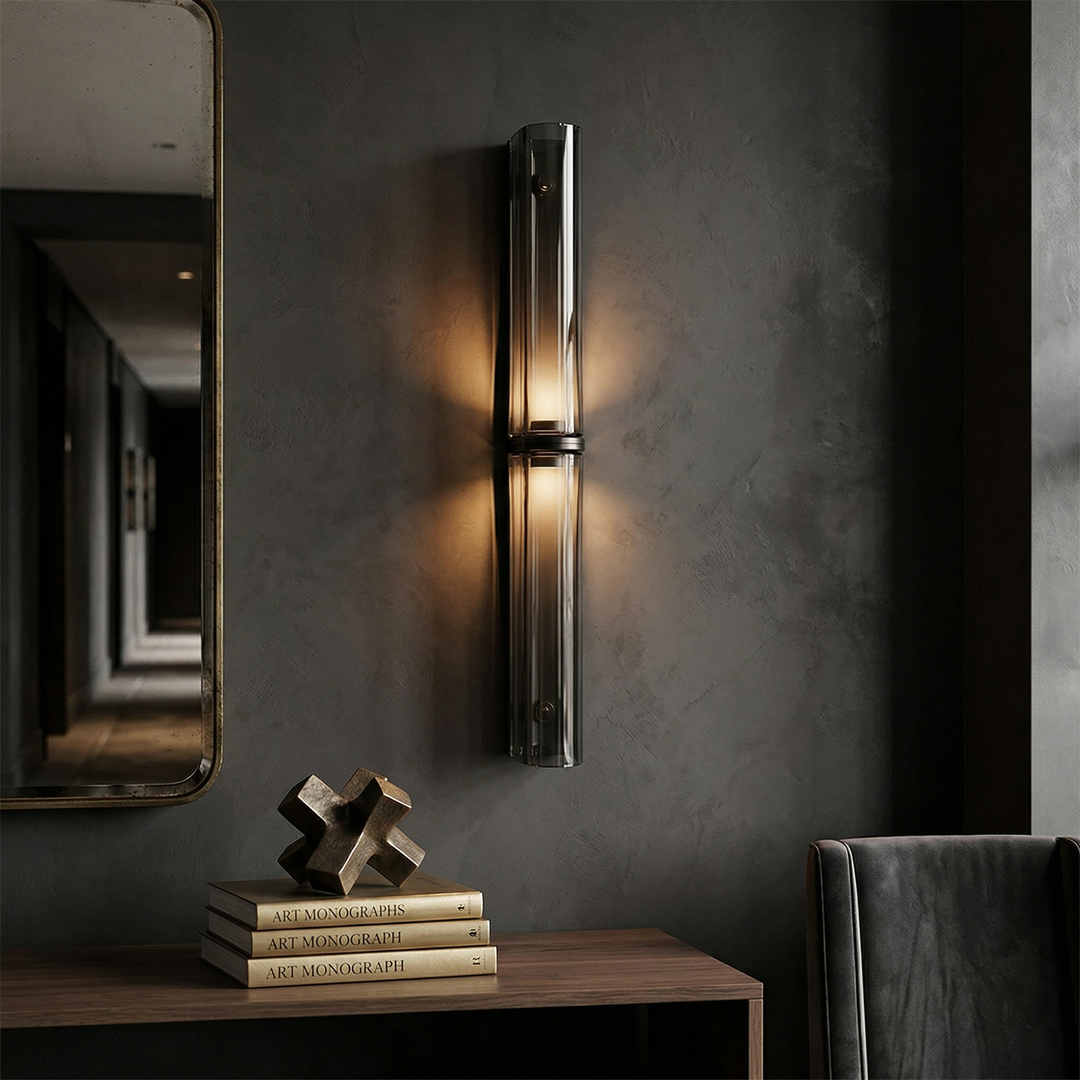 Vertical LED wall light, dimmable options, perfect for home lighting.