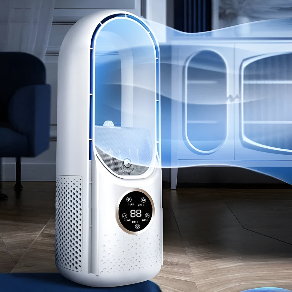 Modern white bladeless desk fan, quiet desktop cooling with 3 modes for home or office. Personal portable.