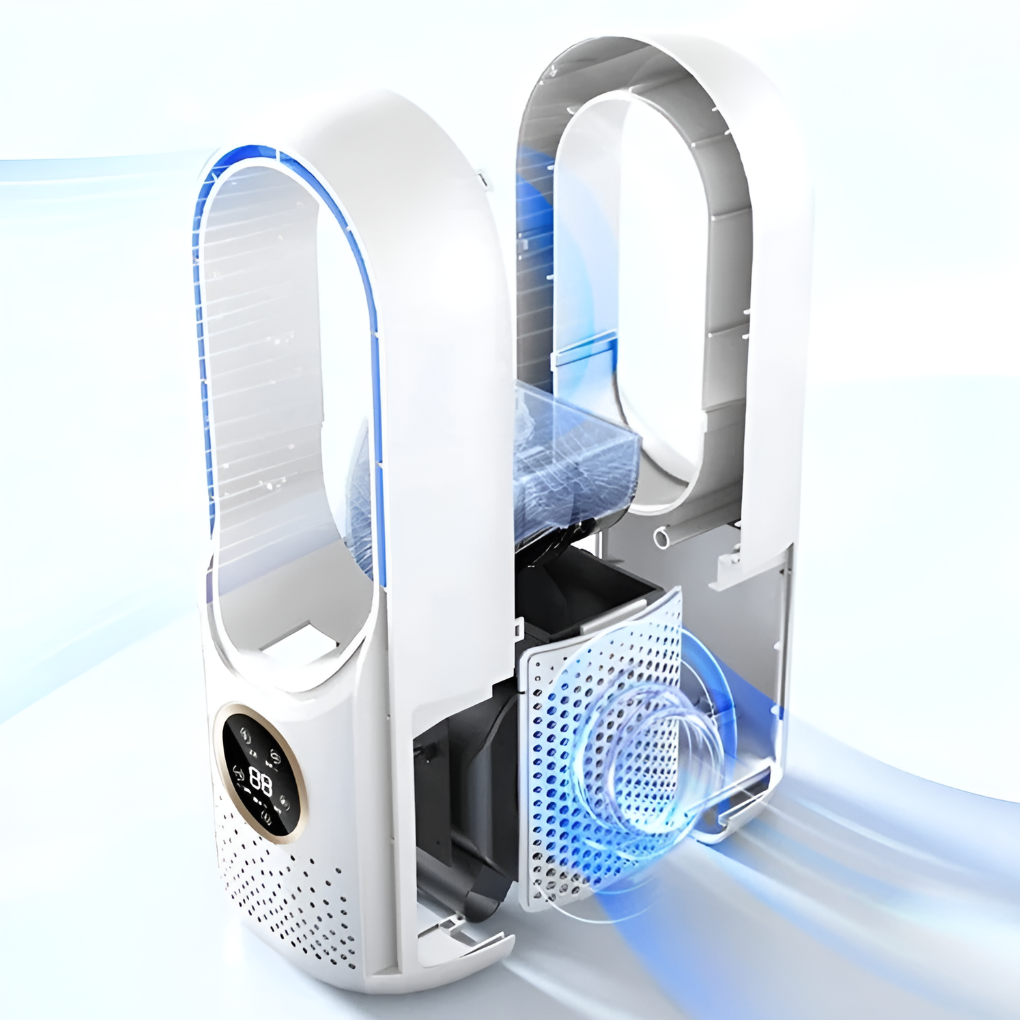 Compact white bladeless table fan with modern design, portable desktop cooling for any room. Summer essential.