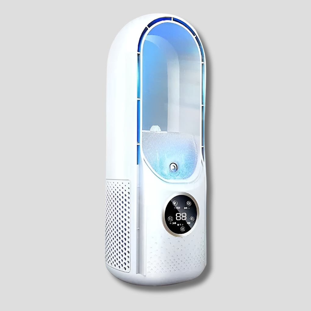 Stylish white bladeless desktop fan, perfect for a modern home office. Quiet personal cooler with powerful airflow.