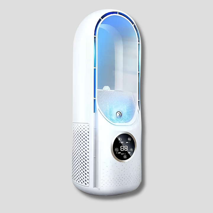 Stylish white bladeless desktop fan, perfect for a modern home office. Quiet personal cooler with powerful airflow.