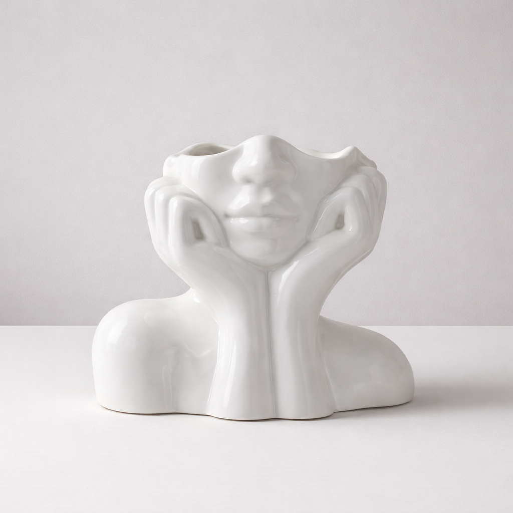 Modern white ceramic face vase, artistic tabletop decor. Unique decorative home accent for living room styling.