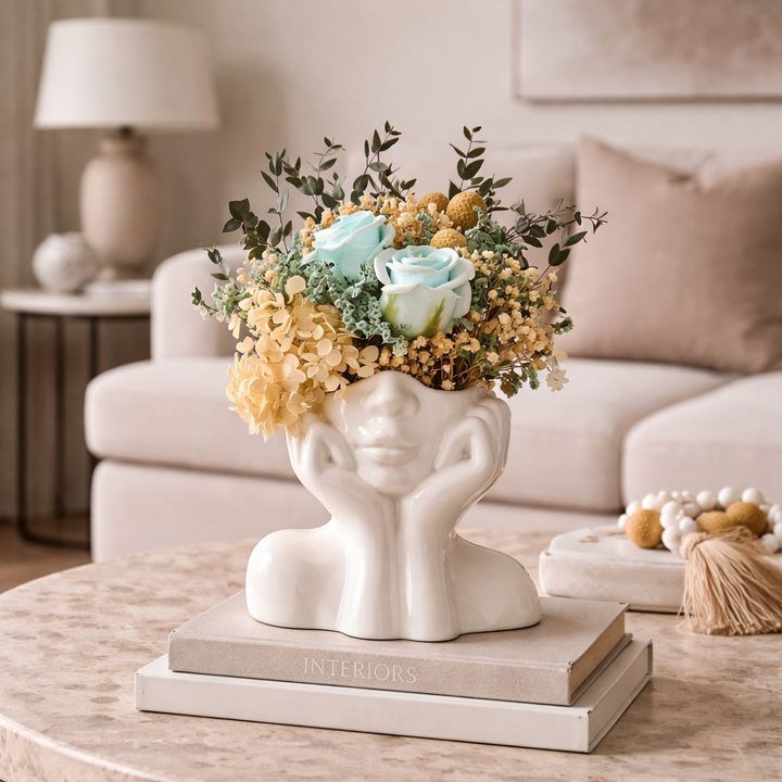Unique abstract ceramic face vase, perfect for modern home decor. Decorative artistic tabletop centerpiece.