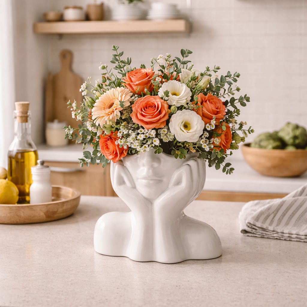 Elegant white ceramic face vase, a stylish and artistic decorative element for contemporary living room decor.