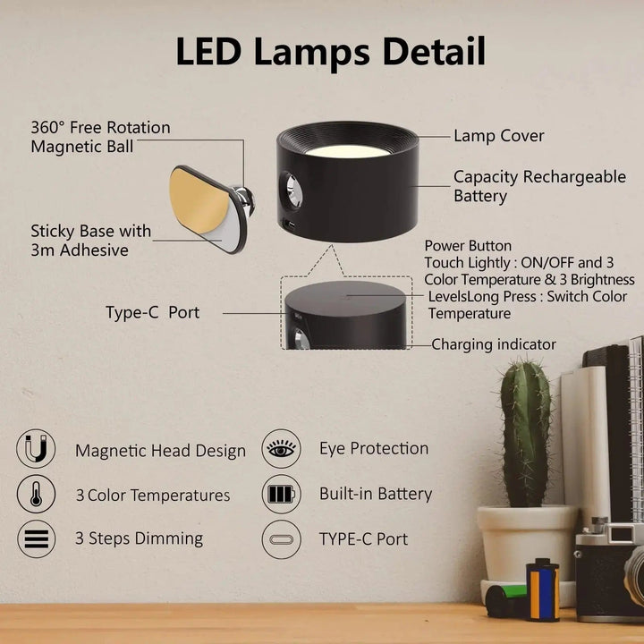 Stylish cordless wall light, adjustable beam, touch & remote, enhancing modern home decor.