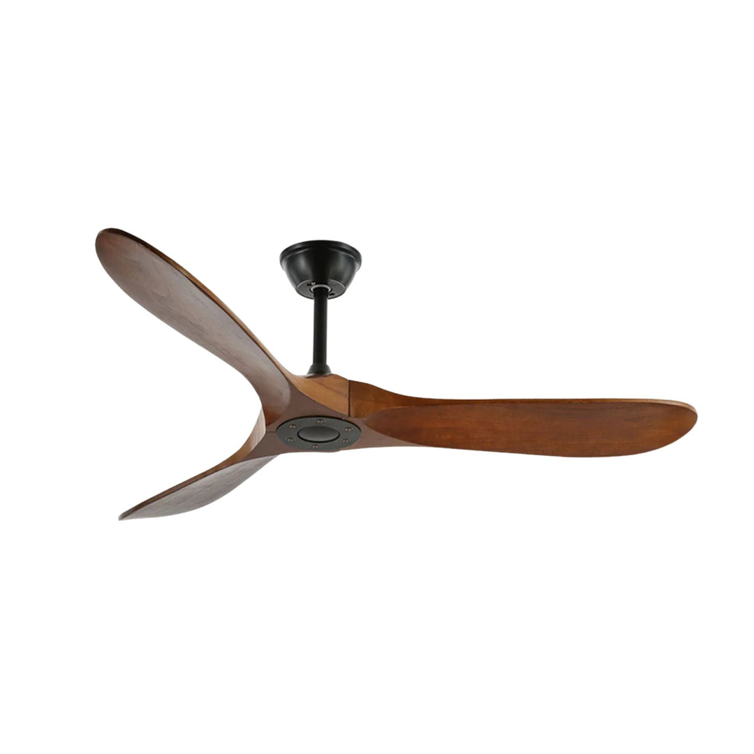 Modern wooden ceiling fan with remote control, natural wood finish for contemporary homes.