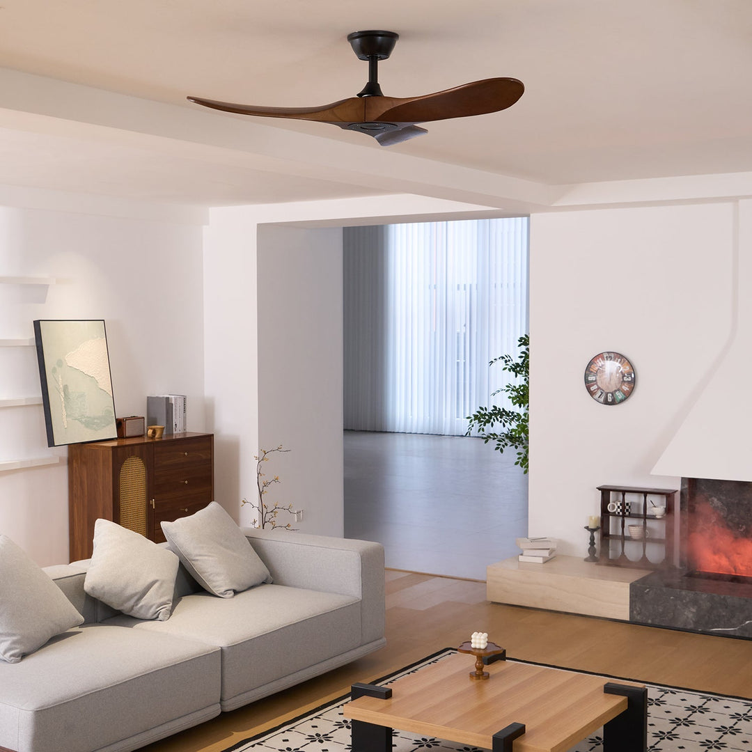 Remote controlled wooden ceiling fan, natural wood, modern aesthetic for stylish interiors.