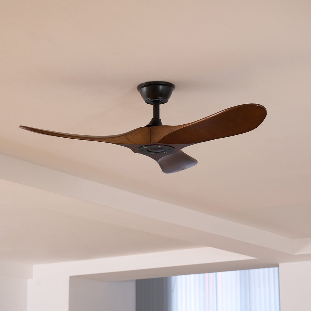 Quiet indoor wooden fan, modern design, includes remote for convenient speed control.