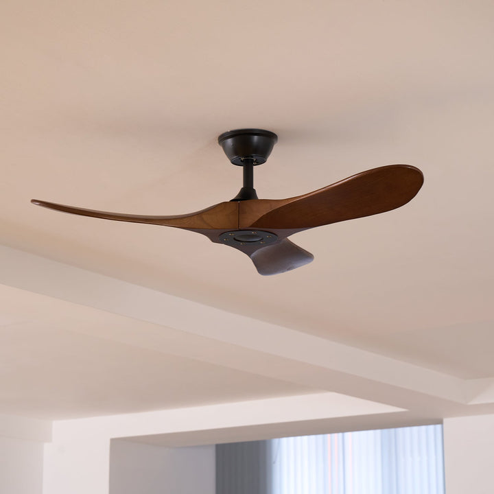 Quiet indoor wooden fan, modern design, includes remote for convenient speed control.
