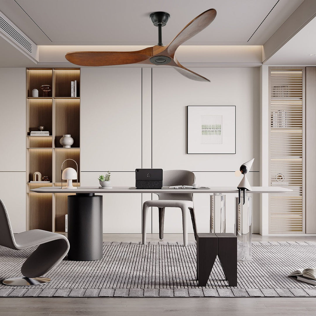 Contemporary wooden ceiling fan, adjustable speed, remote control, perfect for modern homes.