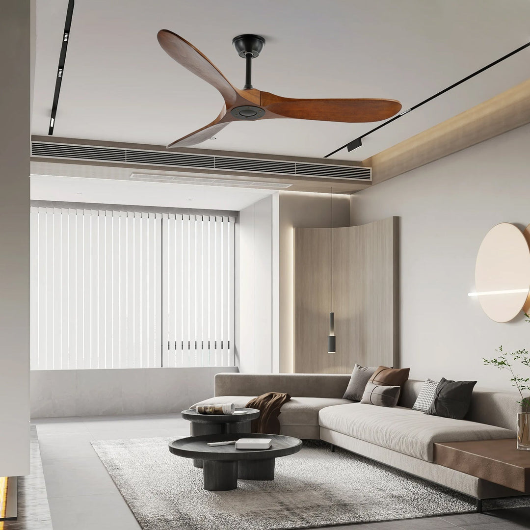 Modern wooden fan for home, quiet operation, remote control, and natural wood beauty.