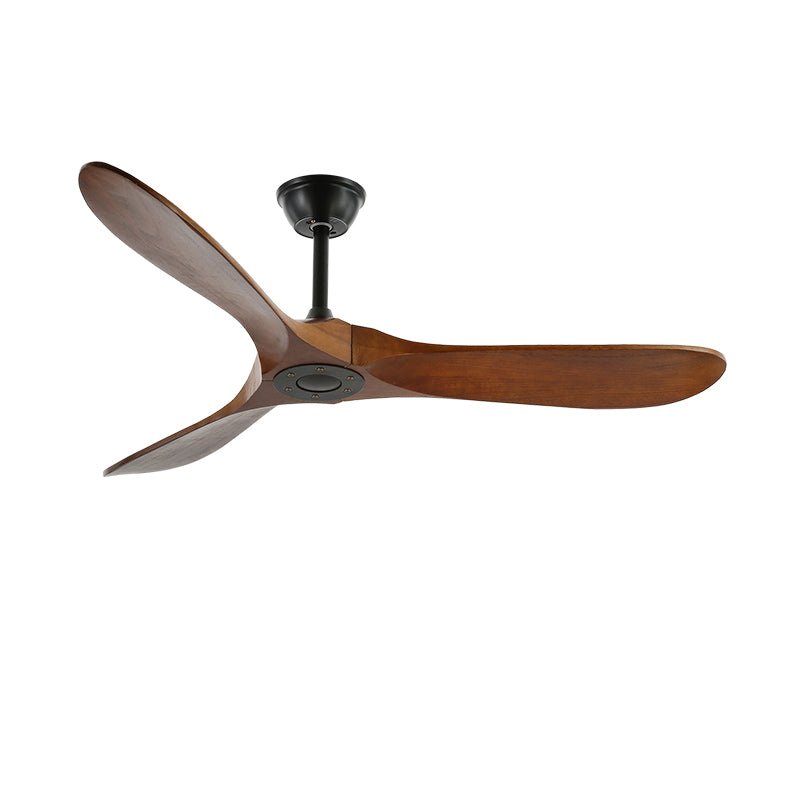 Indoor wooden plafondventilator, modern design, remote control, and adjustable airflow.