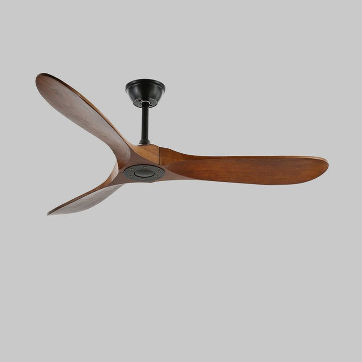 Quiet modern wooden fan, remote control, natural wood blades, for comfortable home cooling.