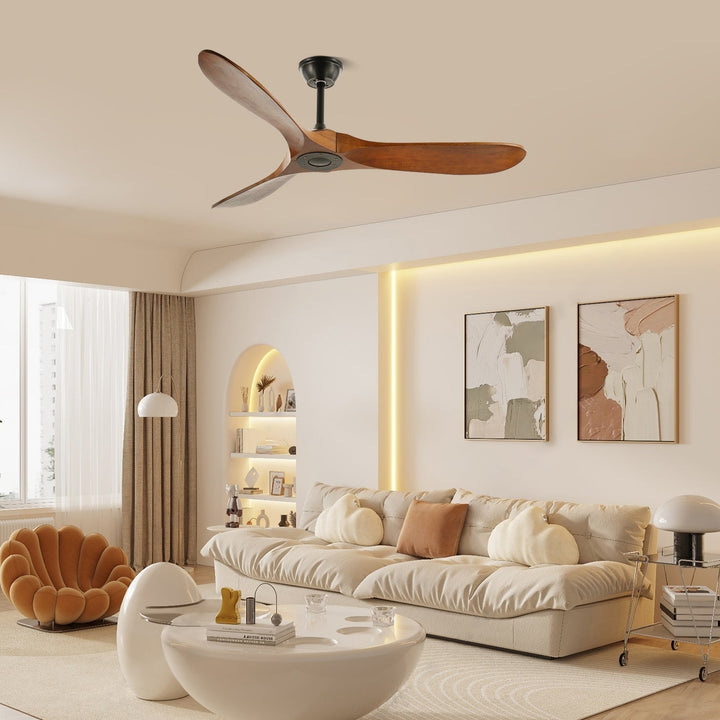 Elegant natural wood ceiling fan, modern, remote controlled for ease of use and comfort.