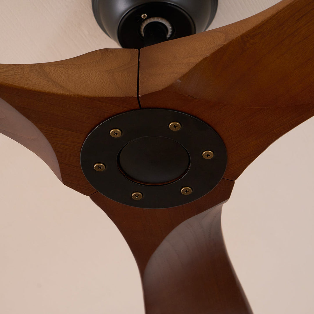 Natural wood modern ceiling fan, remote control, adjustable speed, a key home decor piece.