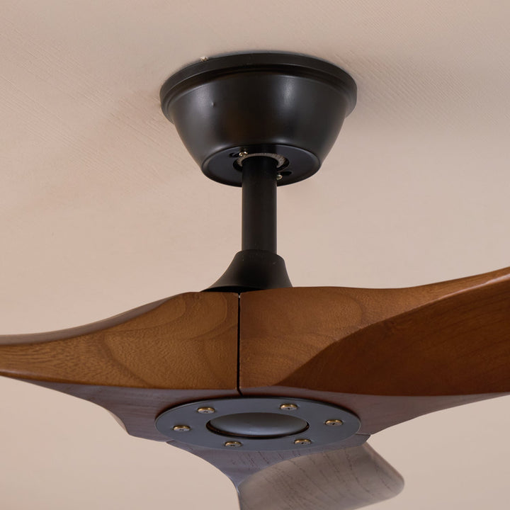 Stylish indoor wooden fan, remote controlled, modern aesthetic, ideal for bedrooms.