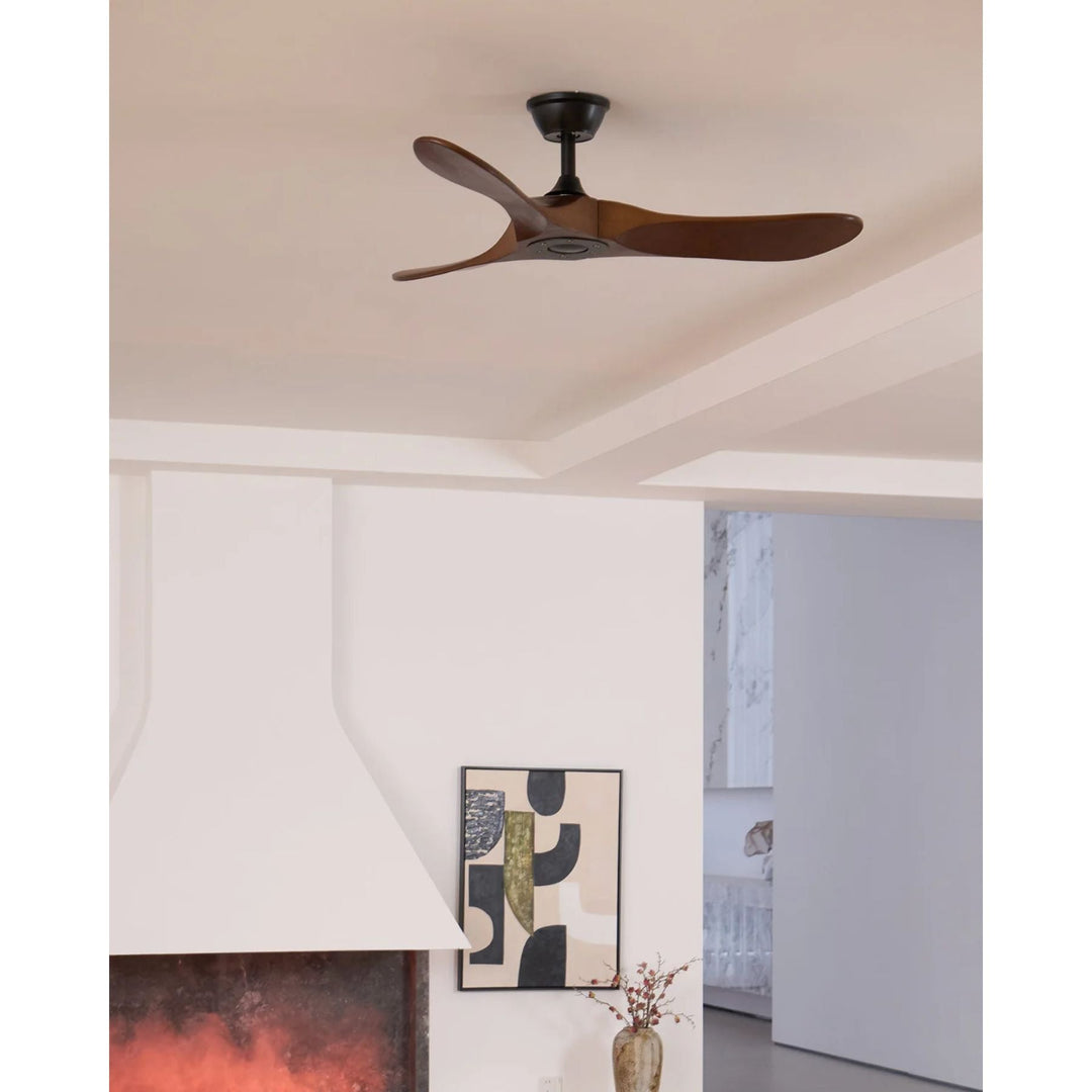Remote controlled wooden ceiling fan, adjustable speed, enhancing modern interior design.