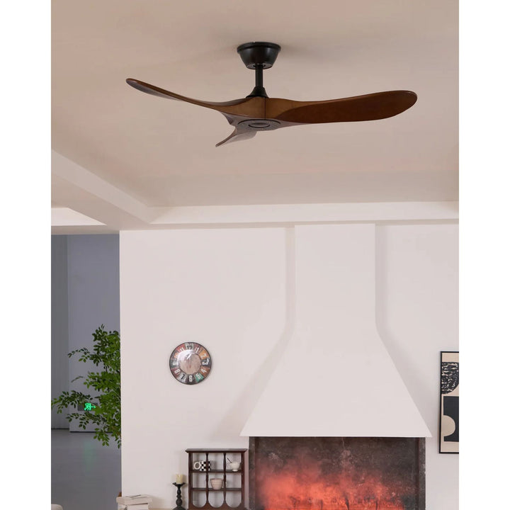 Modern natural wood ceiling fan, quiet operation, remote control for seamless comfort.