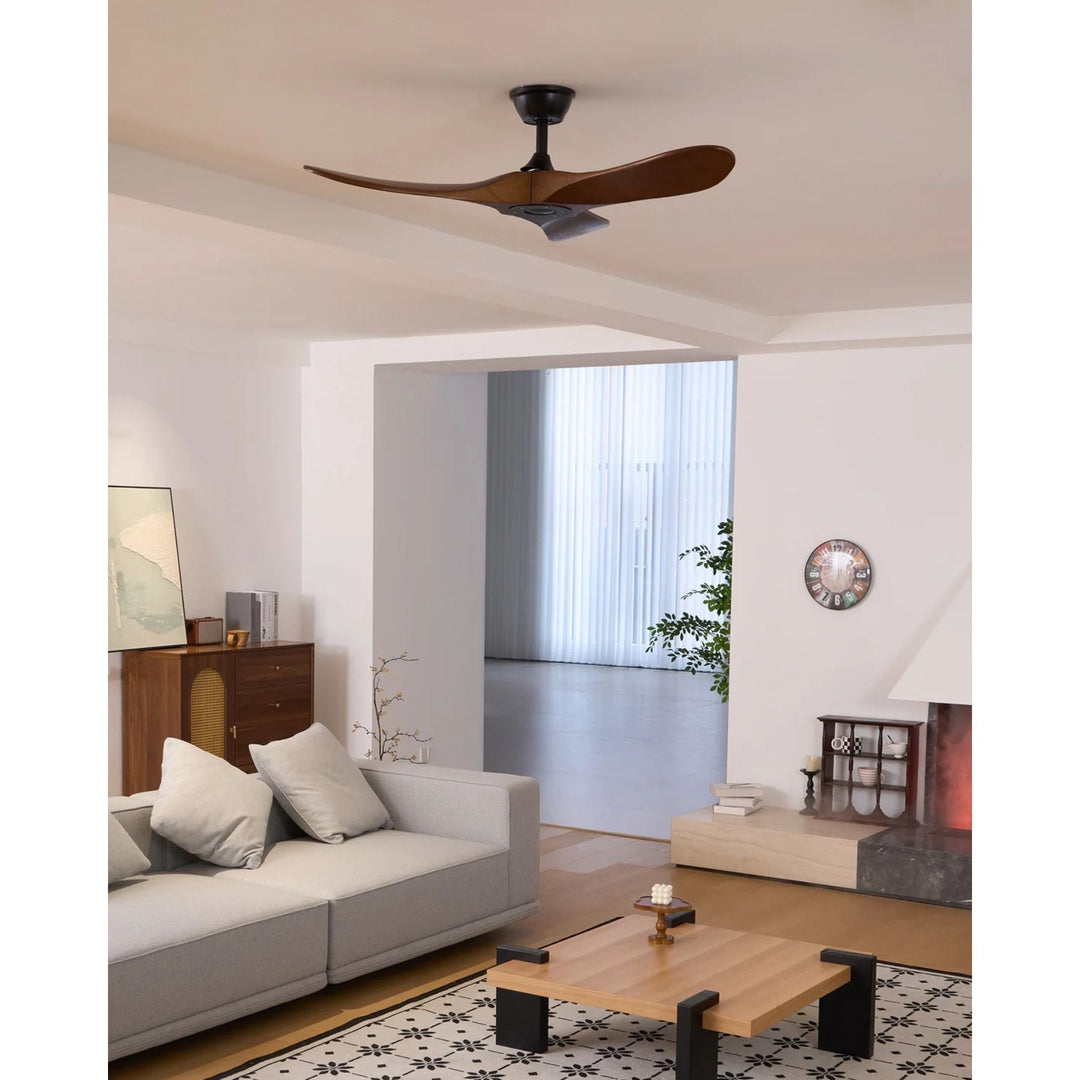 Natural wood ceiling fan with remote control, modern, quiet, perfect for any indoor setting.