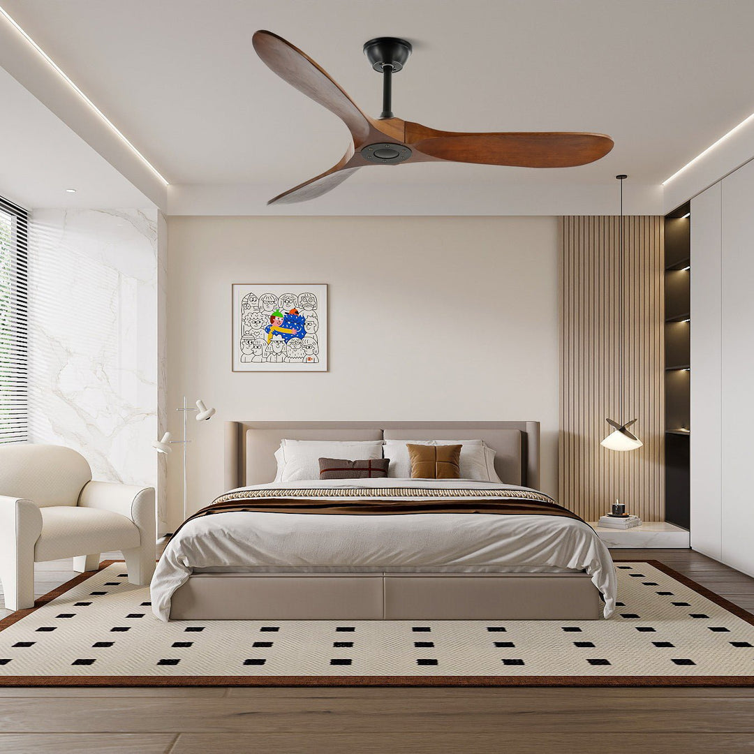 Adjustable speed wooden ceiling fan with remote, a modern and functional home decor item.