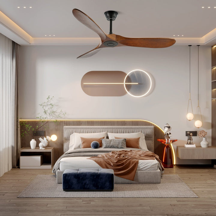 Contemporary wooden fan for indoor use, remote control, enhancing any modern room.