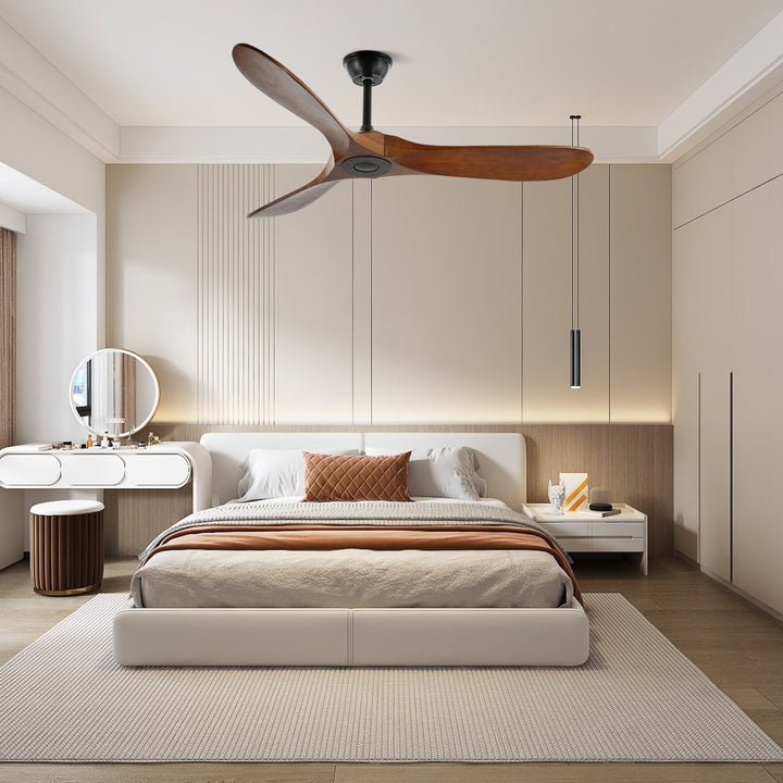 Elegant wooden ceiling fan with remote control, natural wood blades, quiet and stylish.