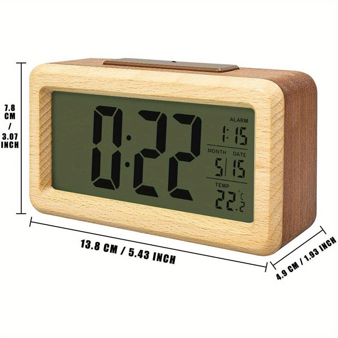 Sleek modern wooden digital alarm clock with vibrant LED display. Ideal home decor for contemporary spaces.