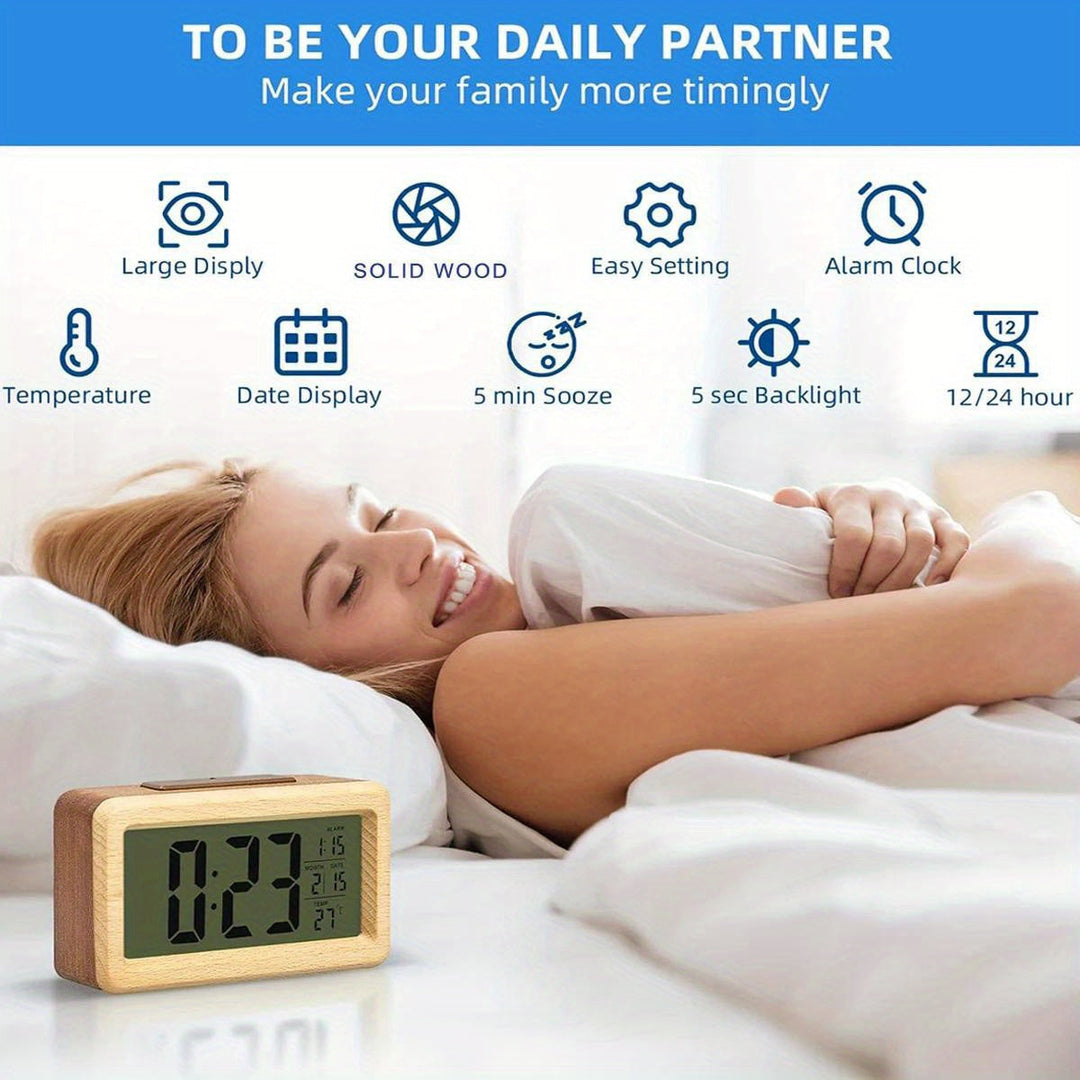 Stylish wooden digital desk clock. LED display shows time, date, and room temperature. Modern office decor.