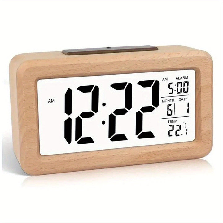 Elegant wooden bedroom alarm clock. Digital LED display with time, date & temperature. Enhances modern home decor.
