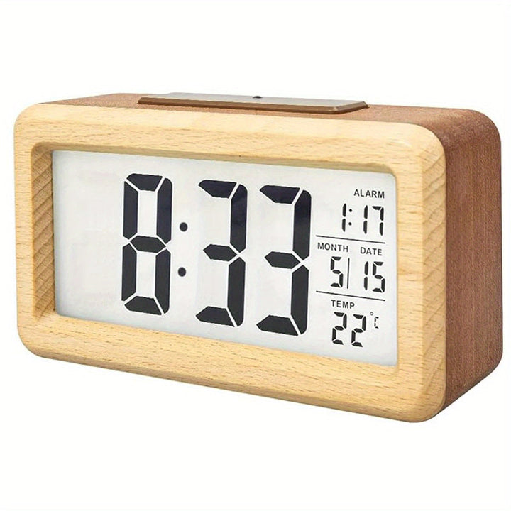 Cordless modern wooden digital alarm clock with LED display for time, temp, date. Versatile home or office use.