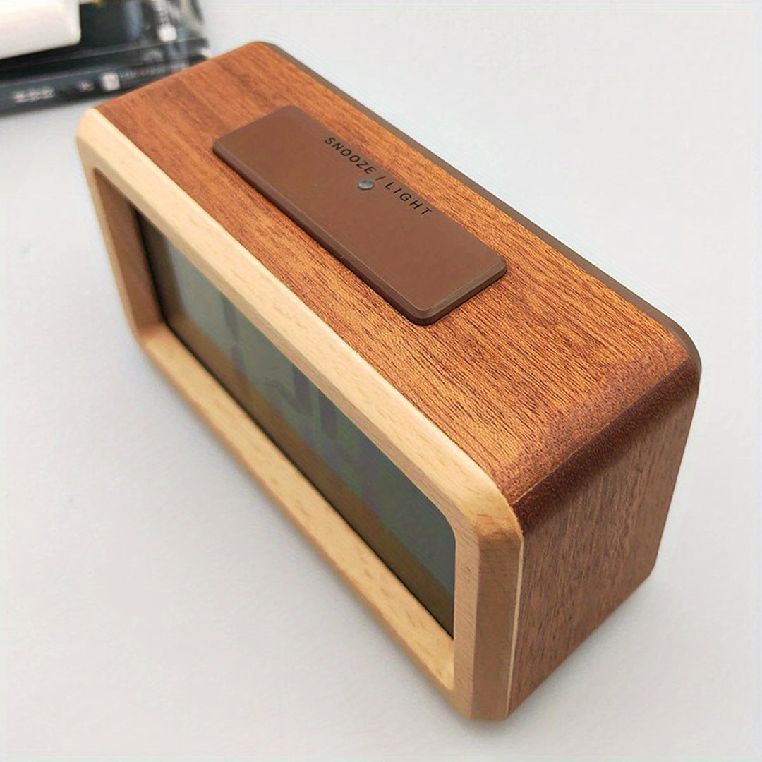 Wooden digital alarm clock with large LED display. Features temperature, date, & time. A minimalist modern clock.