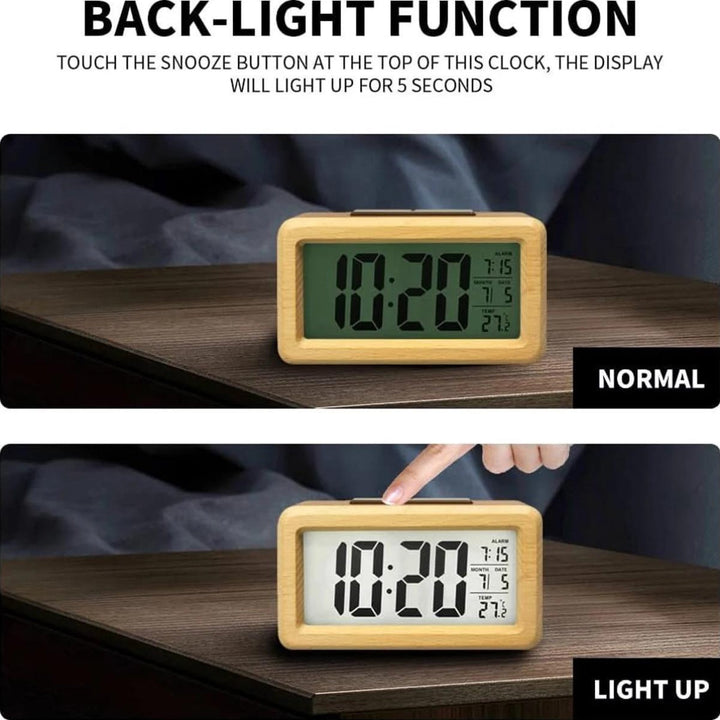 Contemporary wooden digital alarm clock. LED display shows time, date, temperature. Perfect addition to any room.