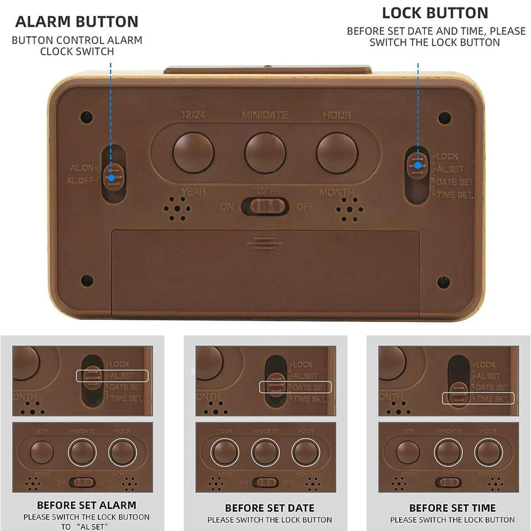 Modern wooden clock with digital LED display. Functionality meets style, showing time, date, and temperature.