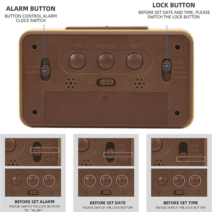 Modern wooden clock with digital LED display. Functionality meets style, showing time, date, and temperature.