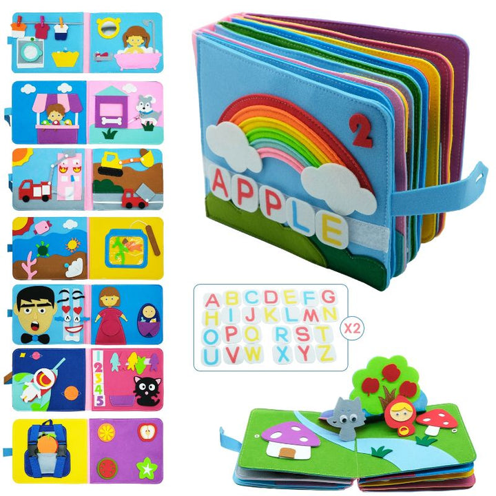 Montessori baby story cloth book with bright colors and interactive elements for early learning.