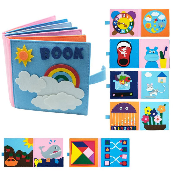 Interactive cloth book for infants, designed to stimulate curiosity and language development.