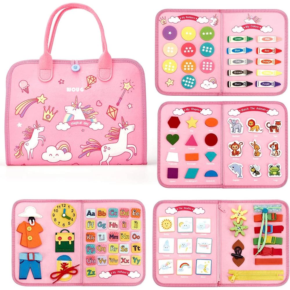 Montessori toddler busy board with diverse activities for fine motor skill development and early education.