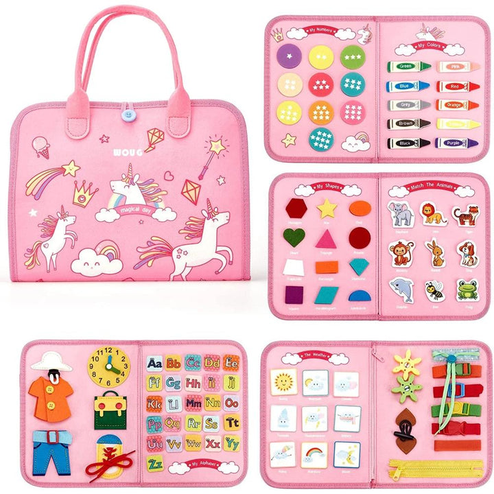 Montessori toddler busy board with diverse activities for fine motor skill development and early education.