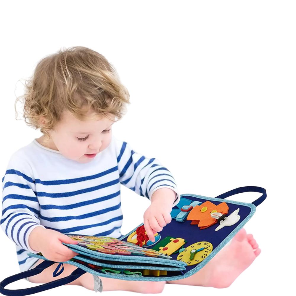Hands-on toddler busy board promoting fine motor skills and cognitive development for preschoolers.