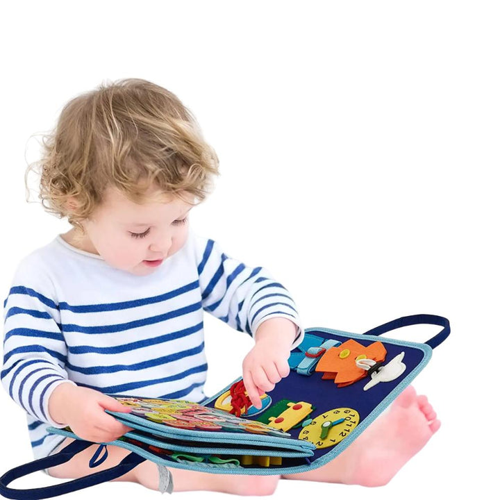 Hands-on toddler busy board promoting fine motor skills and cognitive development for preschoolers.