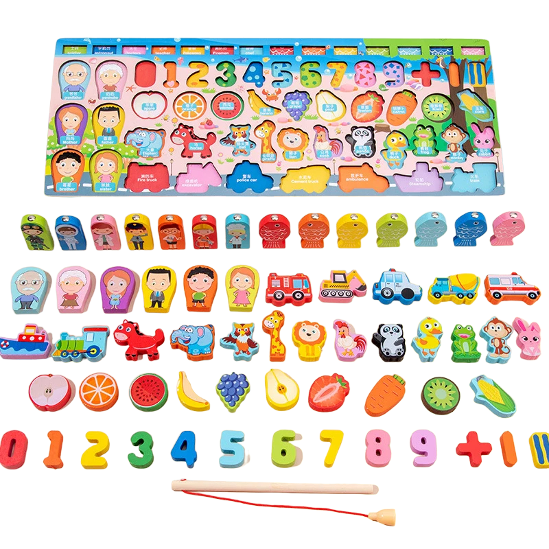 Child playing with a colorful wooden digital matching puzzle, promoting cognitive development.