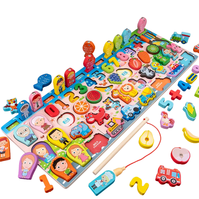 Educational wooden puzzle set with numbers and shapes for kids, ideal for matching activity.
