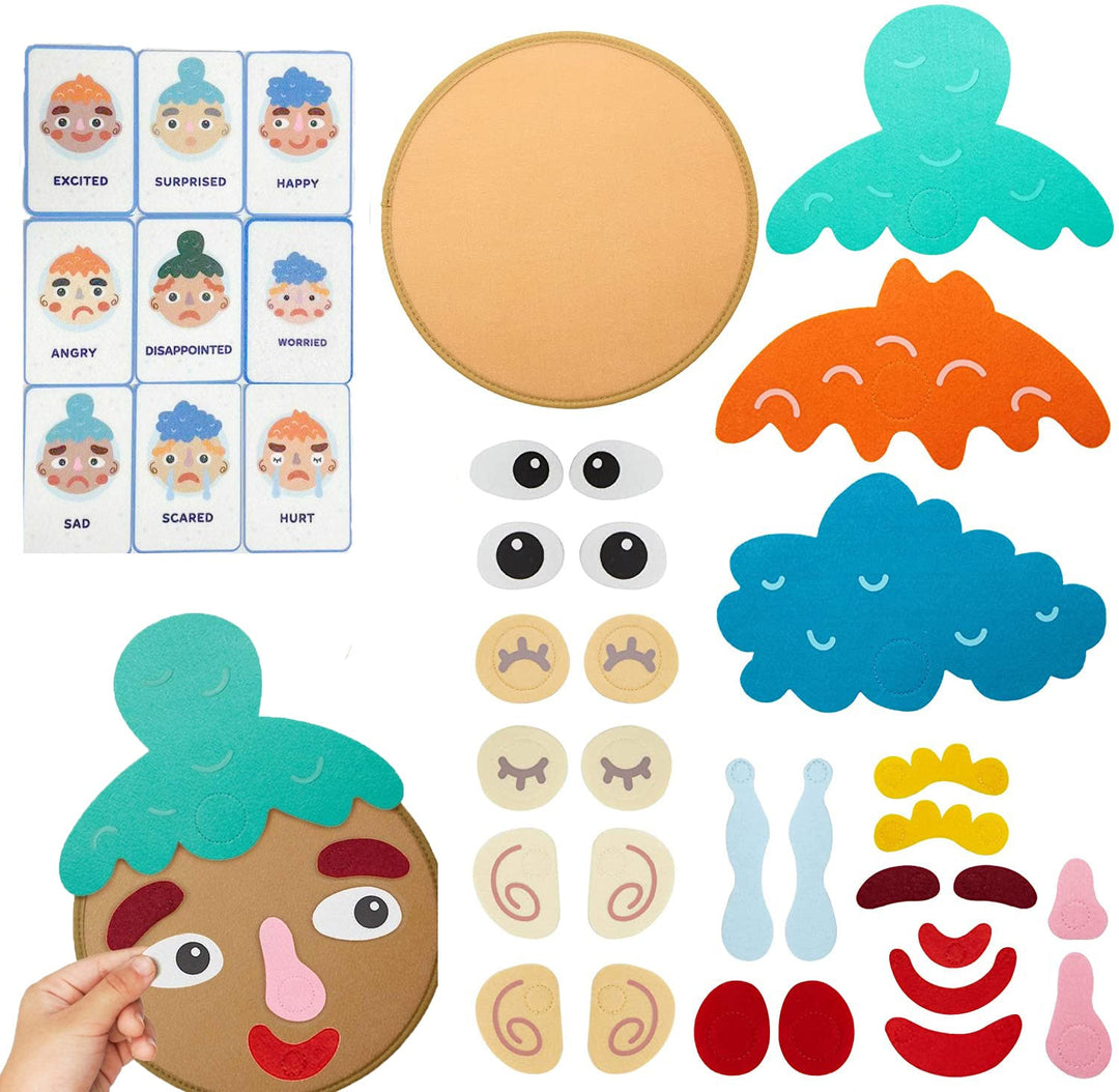 Close-up of a child's hands assembling a Montessori emotional intelligence puzzle toy for preschoolers.