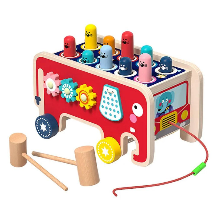 Montessori wooden whack-a-mole toy with colorful pegs for toddlers and babies